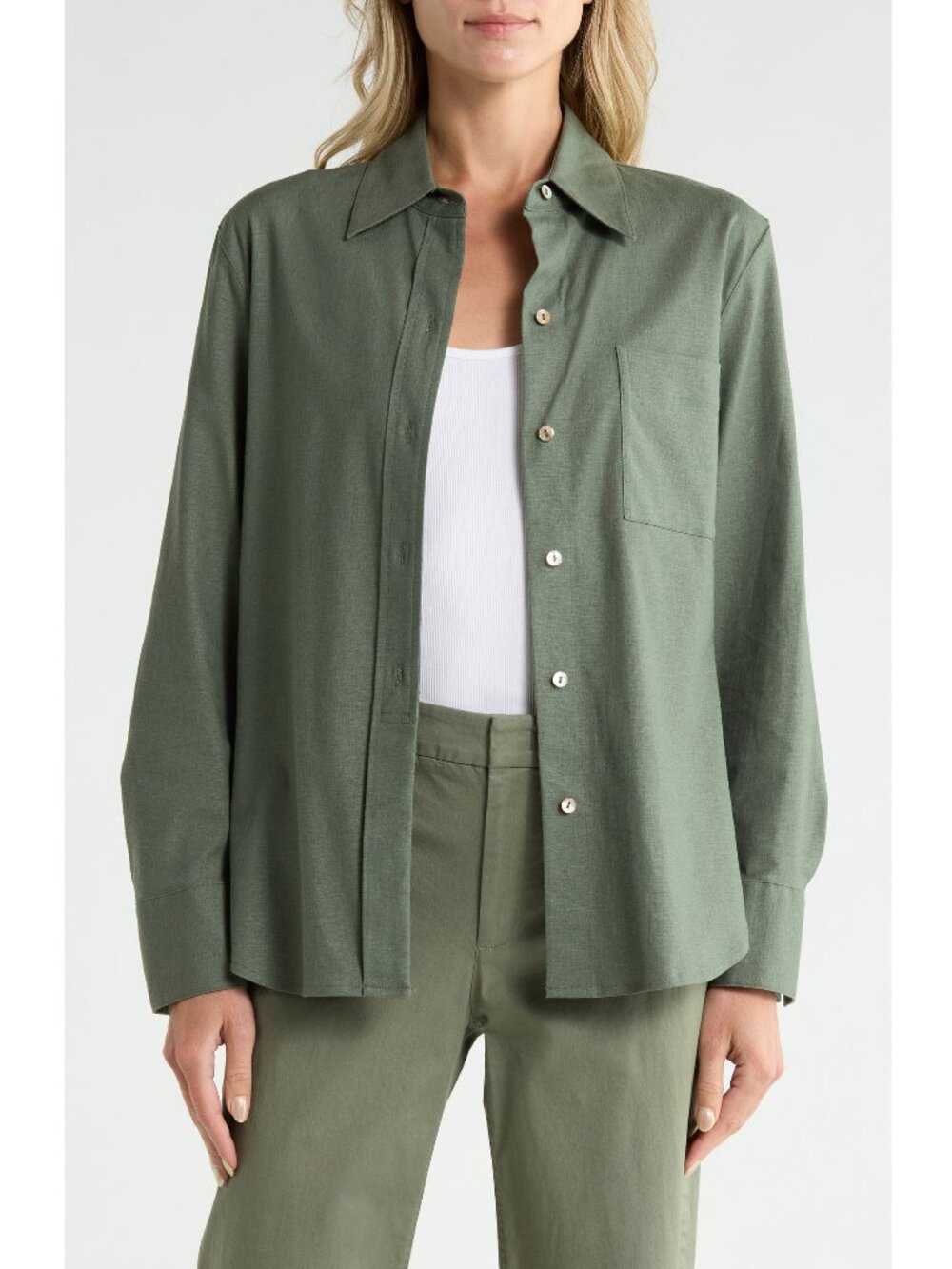 Vince Long Sleeve Linen Blend Button-Up Shirt in Sea Fern